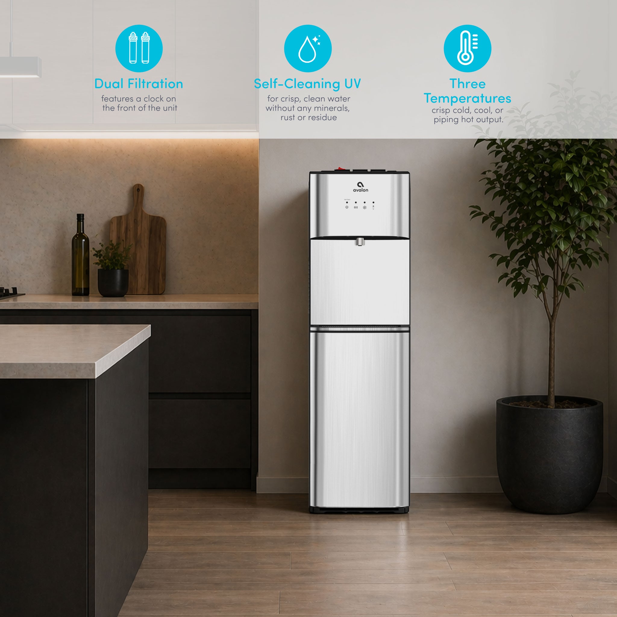 Avalon A5 stainless bottleless water cooler with hot, cold, room